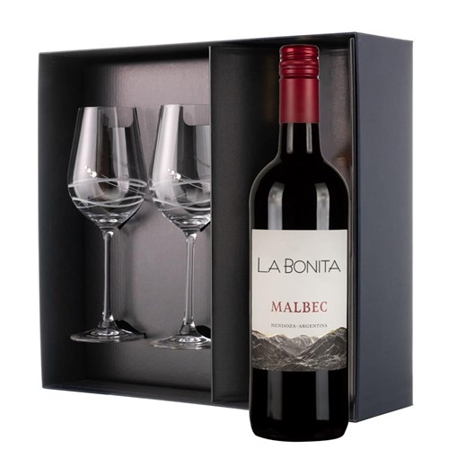 La Bonita Malbec 75cl Red Wine And Diamante Venezia Glasses Gift Box Set